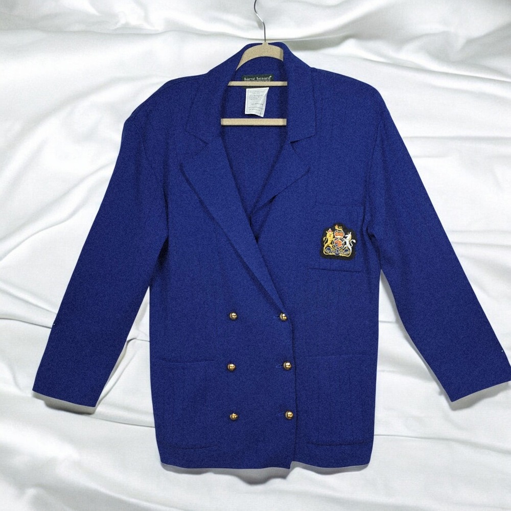 VTG Harvé Benard Petite 100% Wool Knit Cardigan Logo Woman Medium Royal Blue NWT